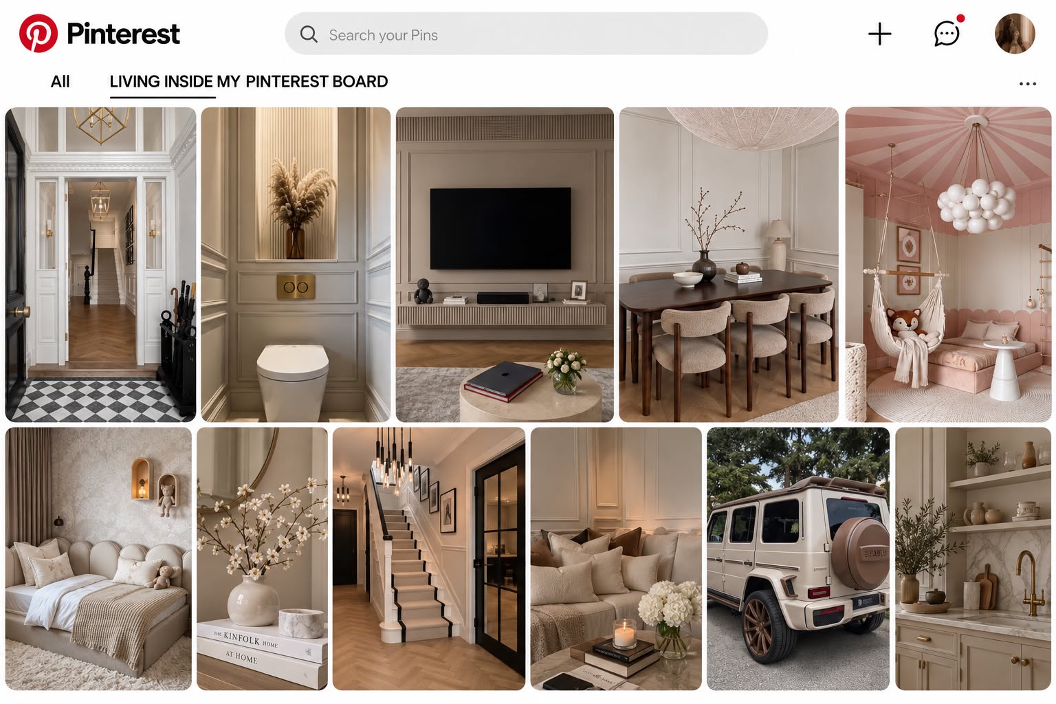Pinterest moodboard collage of warm neutral interiors