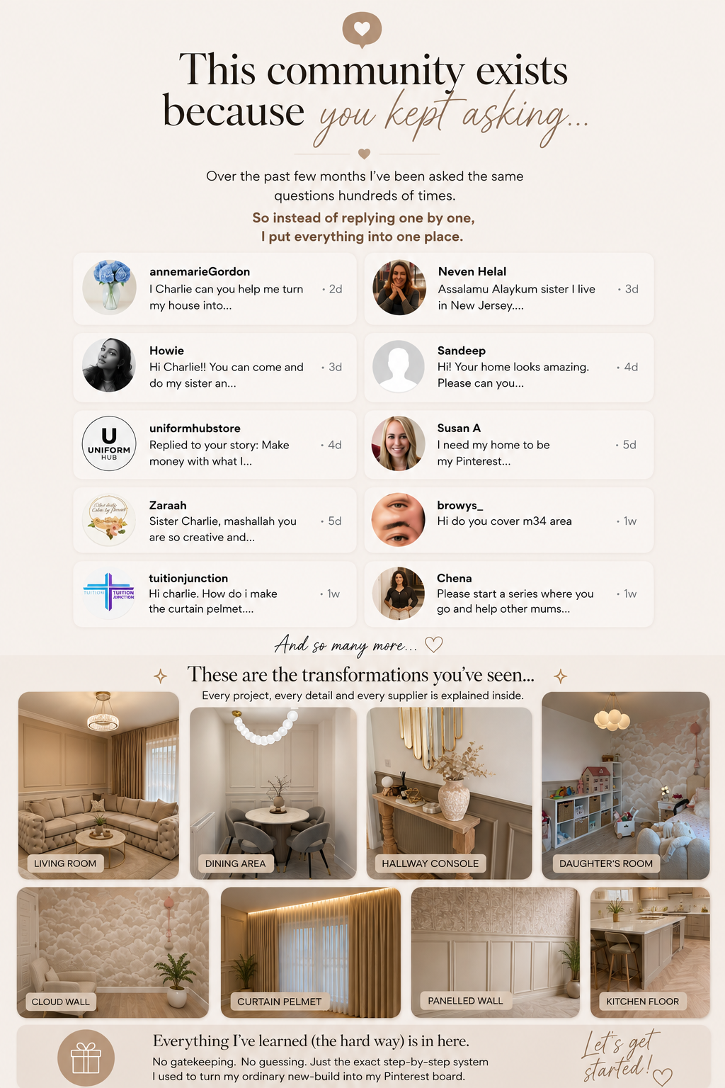 Messages from followers asking Charlie for help, and a grid of her room transformations