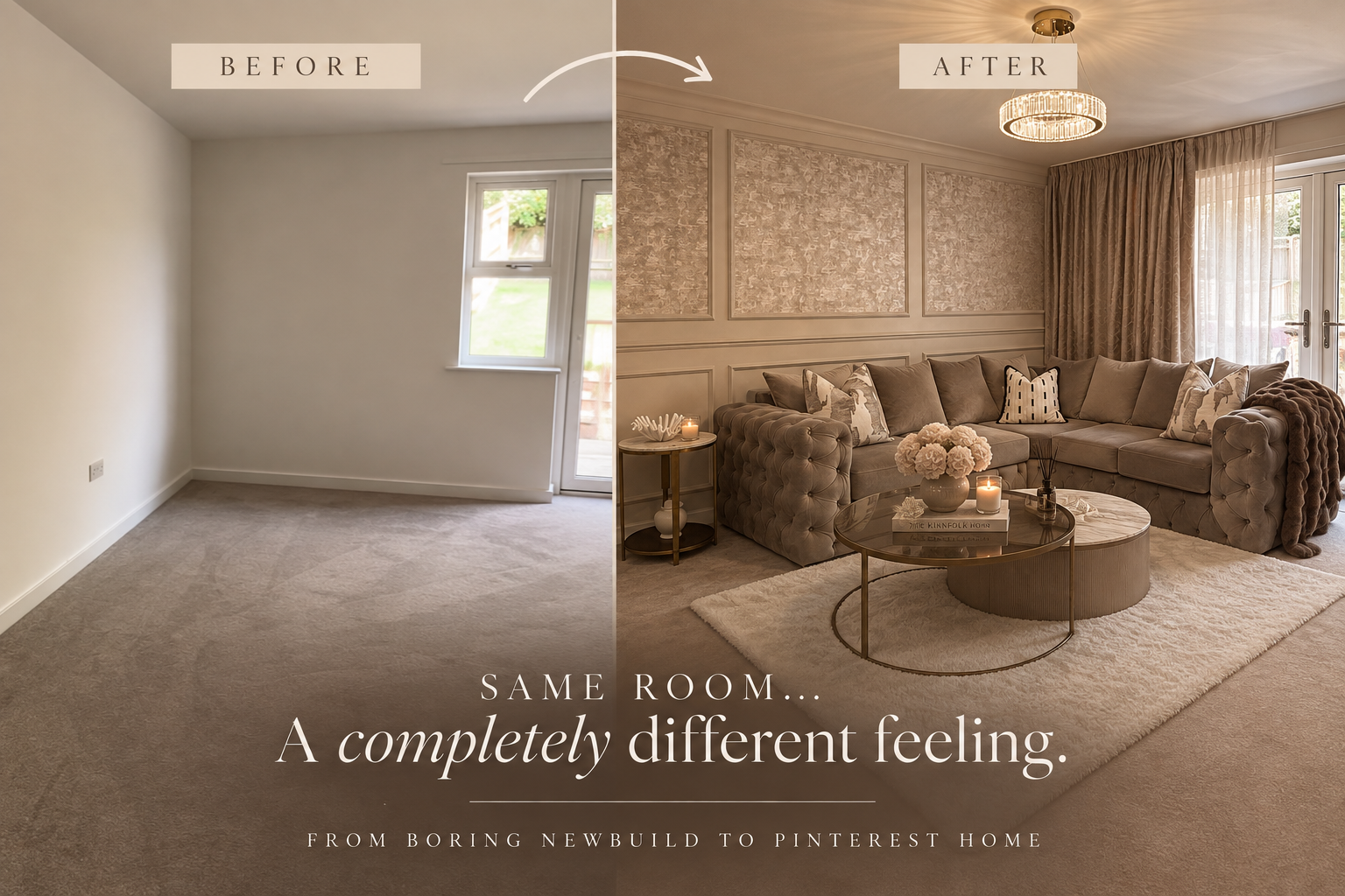 Same living room before and after: empty new-build room transformed into a warm, styled space